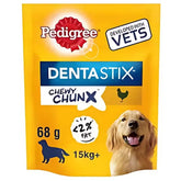 The Pedigree Dentastix Chewy Chunx Chicken Flavour, 68g bag, is a dog treat for dogs 15kg+, developed with vets to clean teeth. It's less than 2% fat, providing a healthy and enjoyable treat for your furry friend.